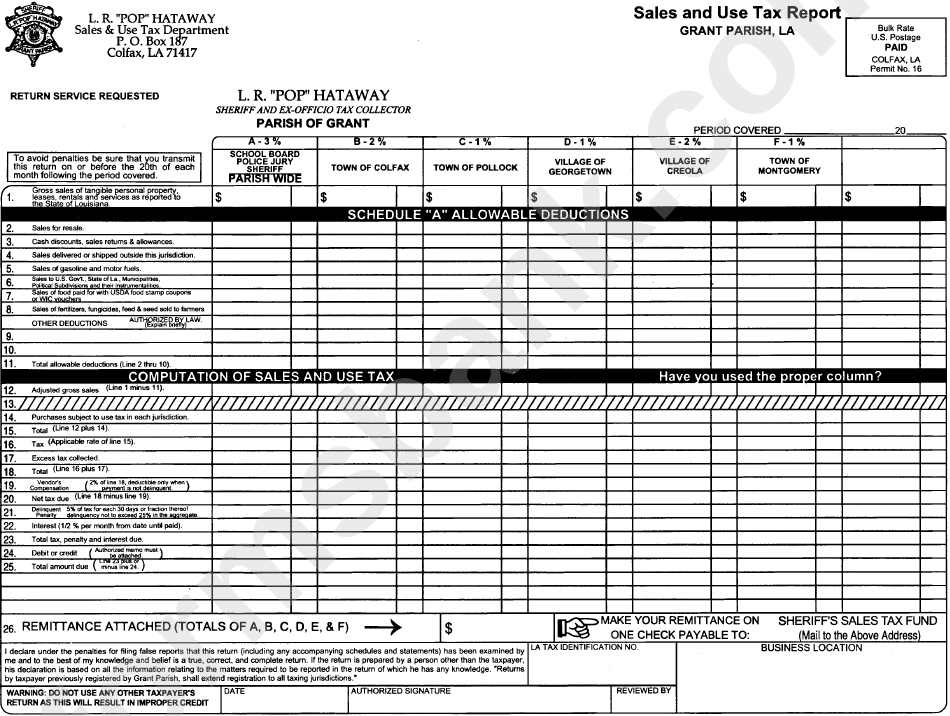 Sales And Use Tax Report Grant Parish, Louisiana printable pdf download