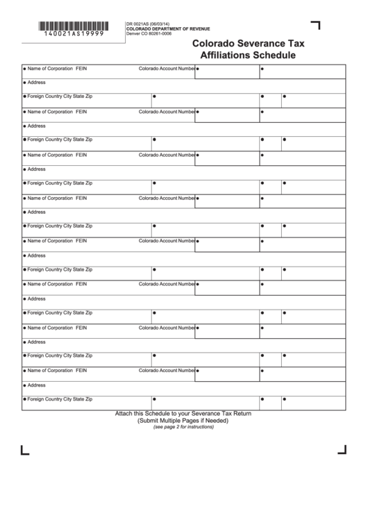 Fillable Form Dr 0021as - Colorado Severance Tax Affiliations Schedule Printable pdf