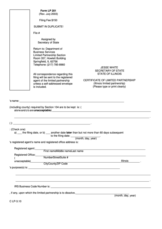 Fillable Form Lp 201 - Certificate Of Limited Partnership - Illinois Secretary Of State Printable pdf