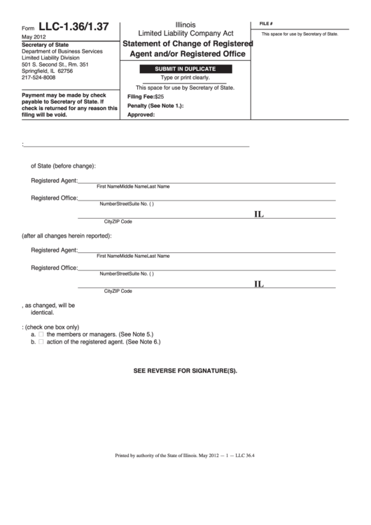Fillable Form Llc-1.36/1.37 - Statement Of Change Of Registered Agent And/or Registered Office - 2012 Printable pdf