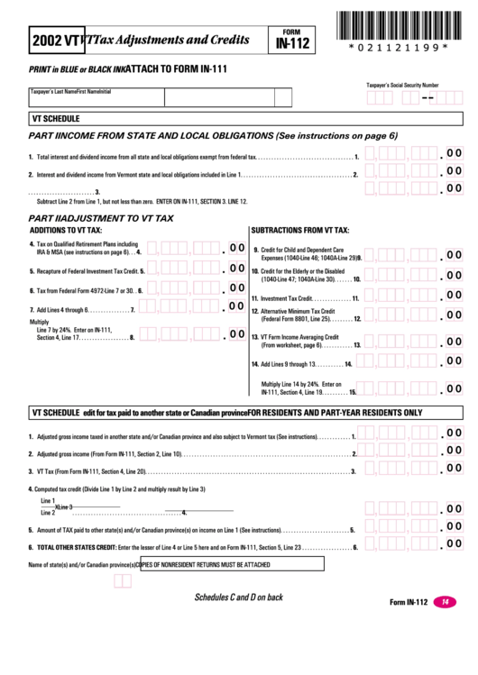 Form In-112 - Vt Tax Adjustments And Credits - 2002 Printable pdf