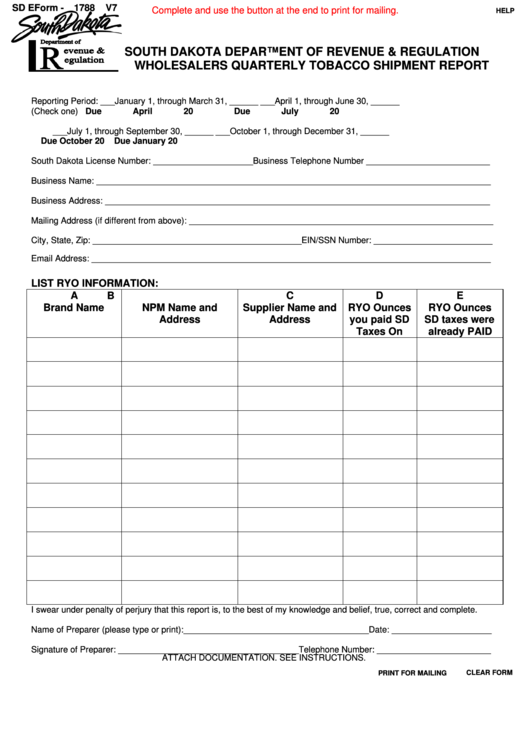 Fillable Form Sd Eform - 1788 V7 - Wholesalers Quarterly Tobacco Shipment Report - South Dakota Department Of Revenue & Regulation Printable pdf
