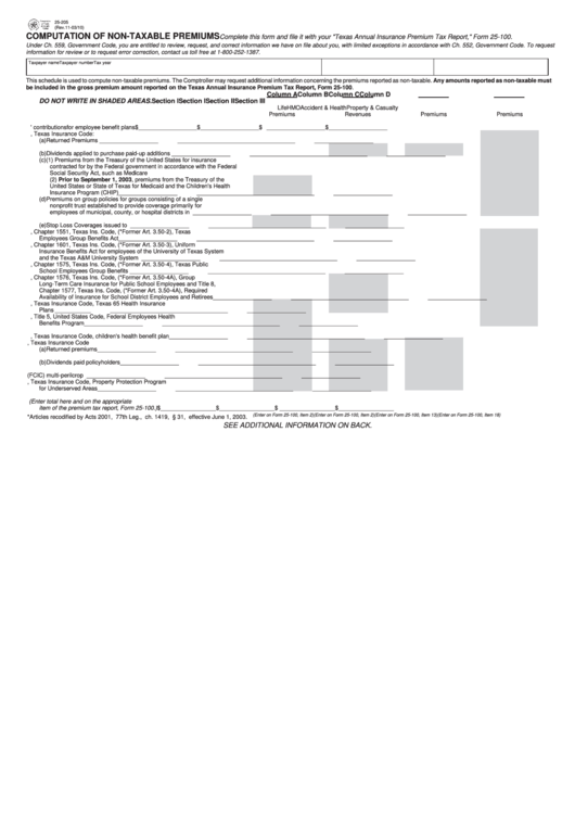 Fillable Form 25-205 - Computation Of Non-Taxable Premiums Printable pdf