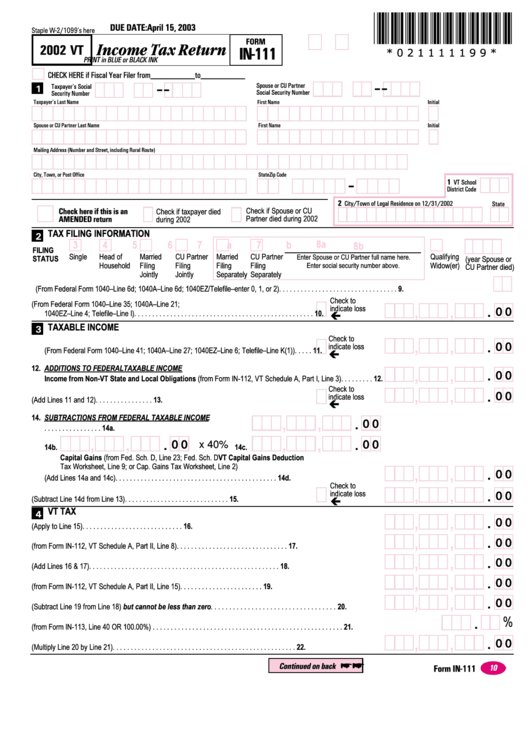 Form In-111 - Vt Income Tax Return - 2002 Printable pdf