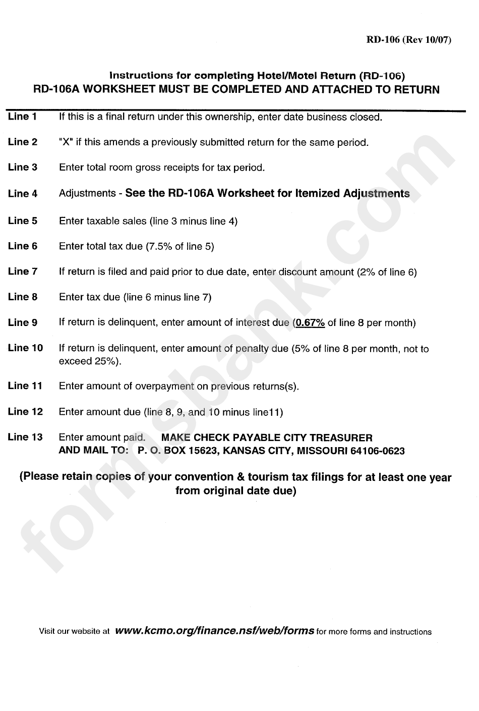 Form Rd106a - Convention And Tourism Hotel/motel Worksheet For Itemized Adjustments - Kansas City, Missouri Revenue Division