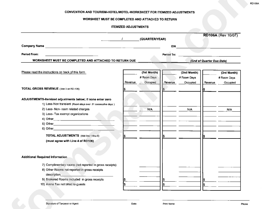 Form Rd106a - Convention And Tourism Hotel/motel Worksheet For Itemized Adjustments - Kansas City, Missouri Revenue Division