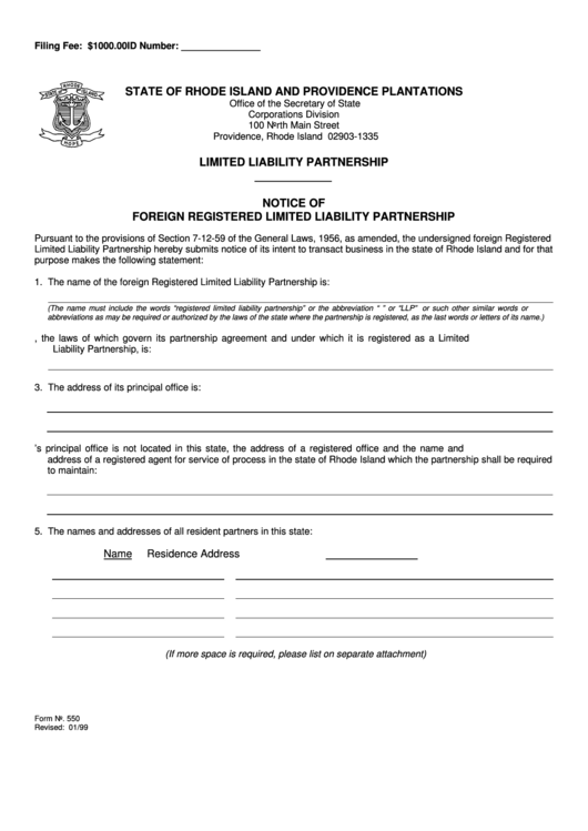 Form 550 - Notice Of Foreign Registered Limited Liability Partnership - Rhode Island Secretary Of State Printable pdf
