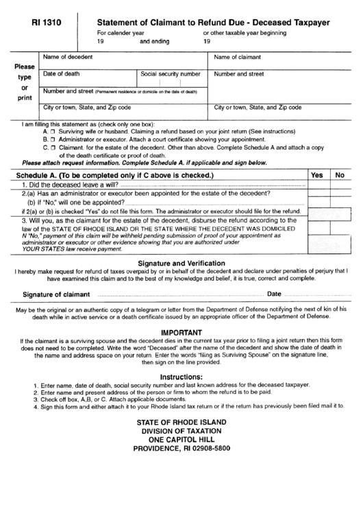 Fillable Form Ri 1310 - Statement Of Claimant To Refund Due - Deceased Taxpayer Printable pdf