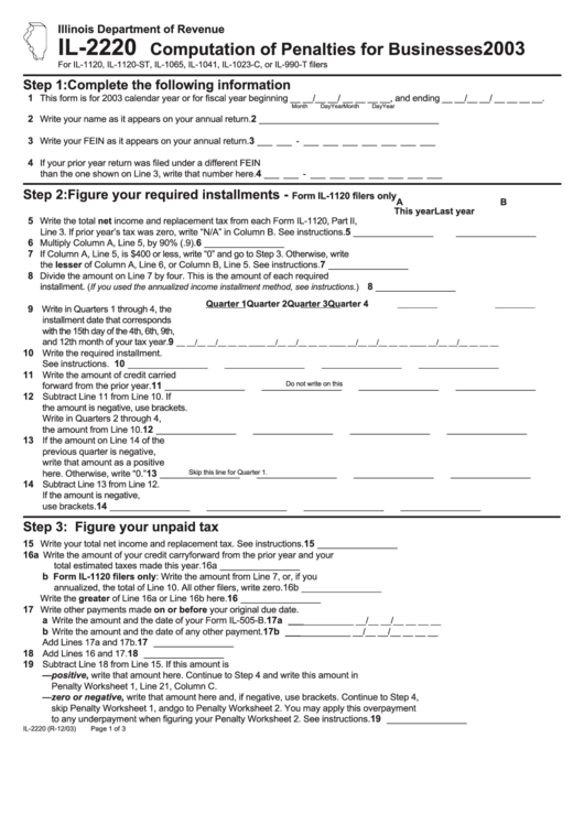 Form Il-2220 - Computation Of Penalties For Businesses - Illinois Department Of Revenue - 2003 Printable pdf