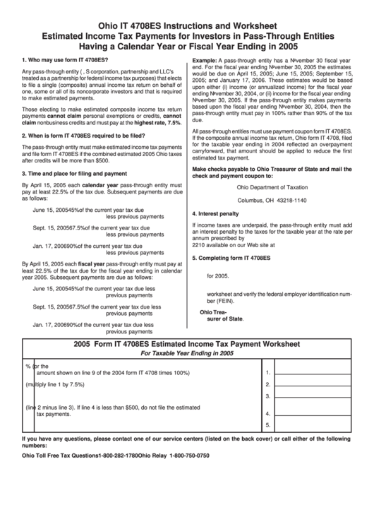 Ohio Form It 4708es Instructions And Worksheet Estimated Income Tax Payments For Investors In Pass-Through Entities - 2005 Printable pdf