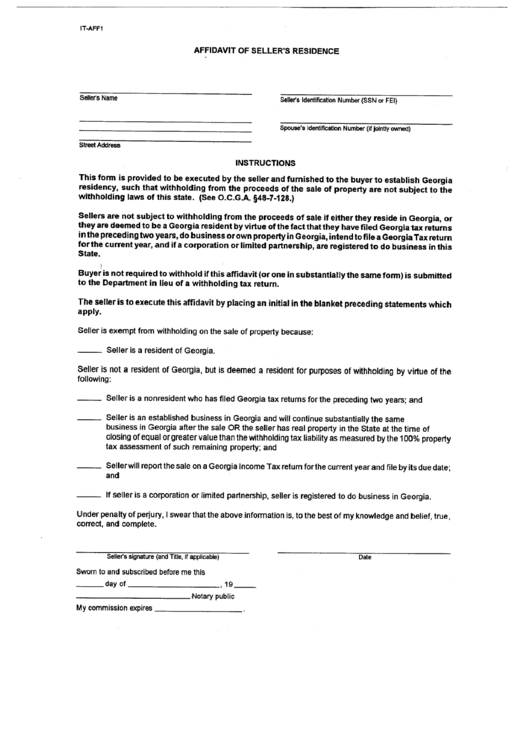 Form It-Aff1 - Affidavit Of Seller