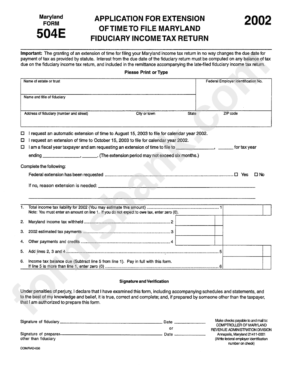 Form 504e - Application For Extension Of Time To File Maryland Fiduciary Income Tax Return - 2002