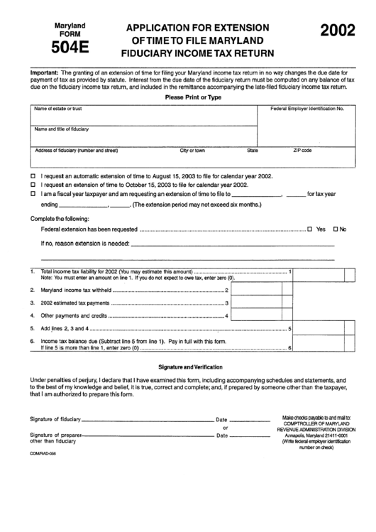 Form 504e - Application For Extension Of Time To File Maryland Fiduciary Income Tax Return - 2002 Printable pdf