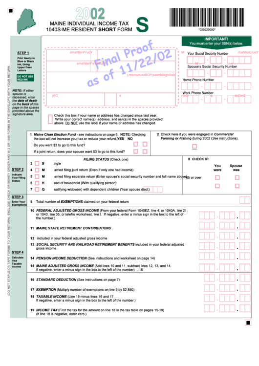 Form 1040s-Me Draft - Maine Individual Income Tax Resident Short Form Printable pdf