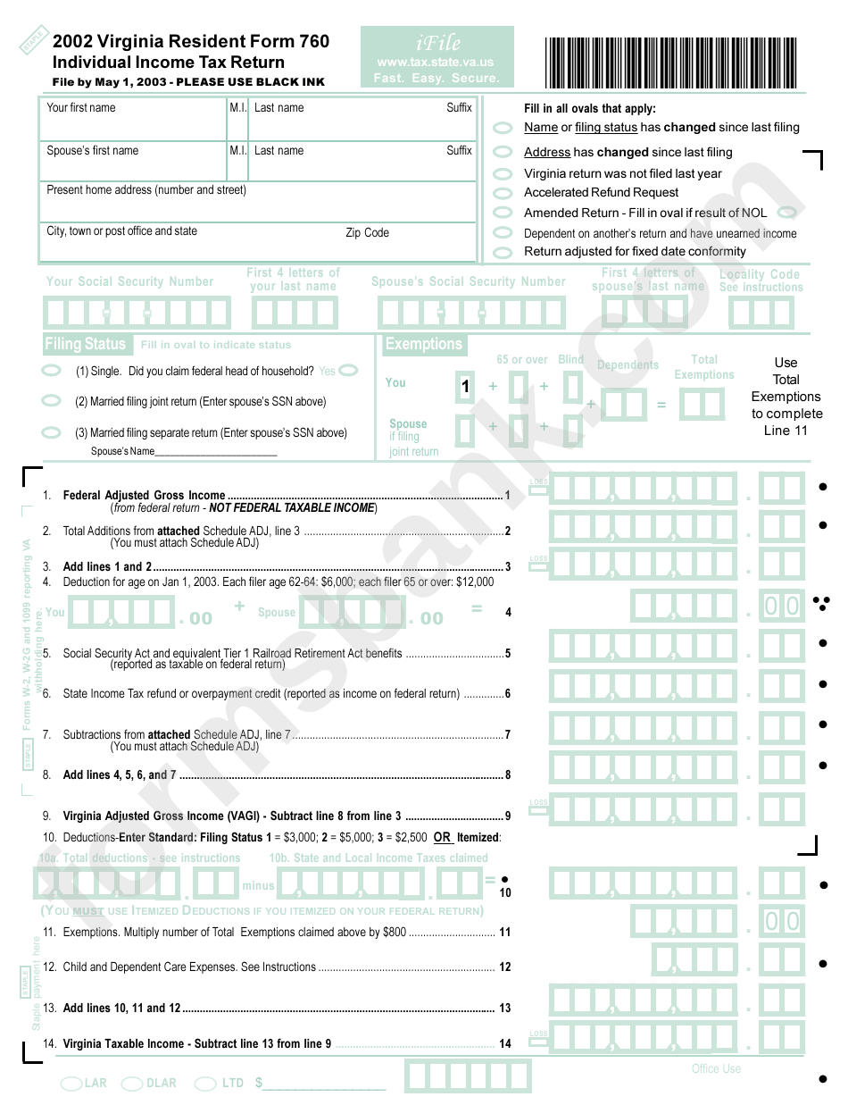 Virginia Resident Form 760 - Individual Income Tax Return - 2002