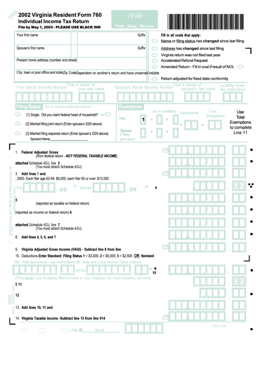 Virginia Resident Form 760 - Individual Income Tax Return - 2002 Printable pdf