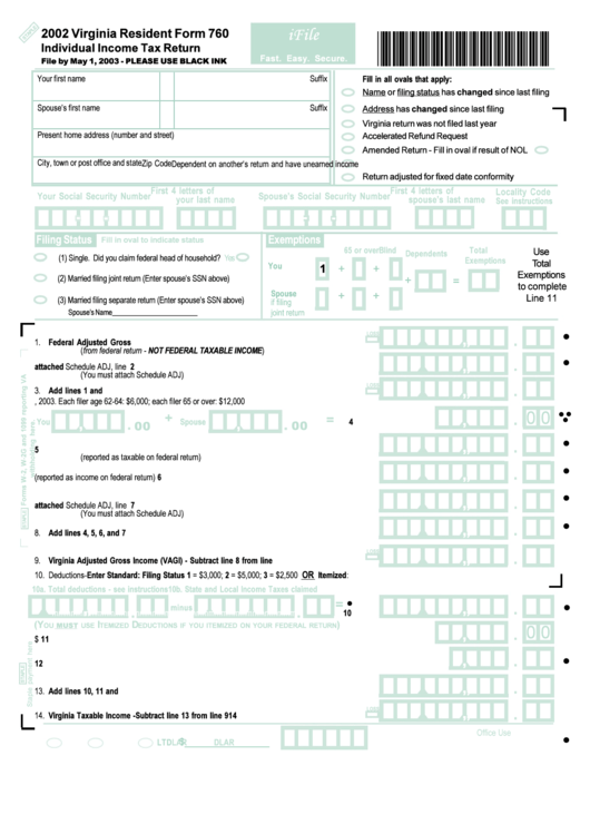 Virginia Resident Form 760 Individual Income Tax Return 2002 Printable Pdf Download