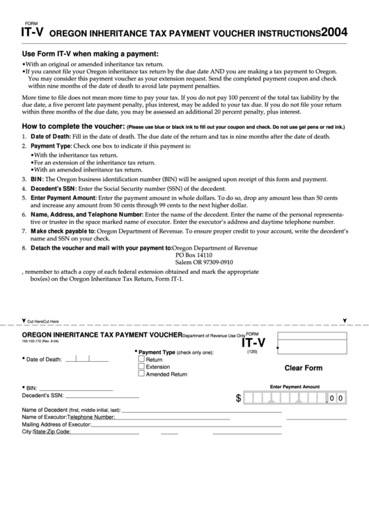 Fillable Form It-V - Oregon Inheritance Tax Payment Voucher - 2004 Printable pdf