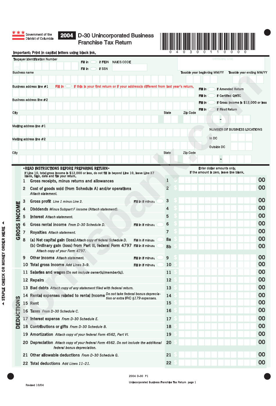 Form D-30 - Unincorporated Business Franchise Tax Return - 2004