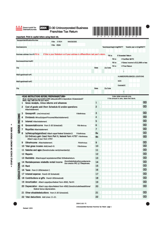 Form D-30 - Unincorporated Business Franchise Tax Return - 2004 Printable pdf