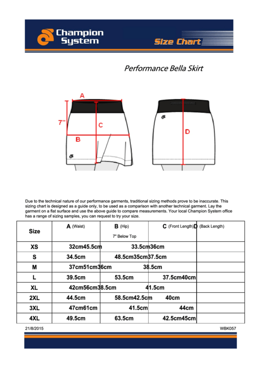 Champion System Skirt Size Chart