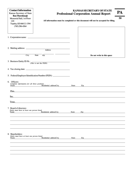 Form Pa 50 - Professional Corporation Annual Report - Kansas Secretary Of State Printable pdf
