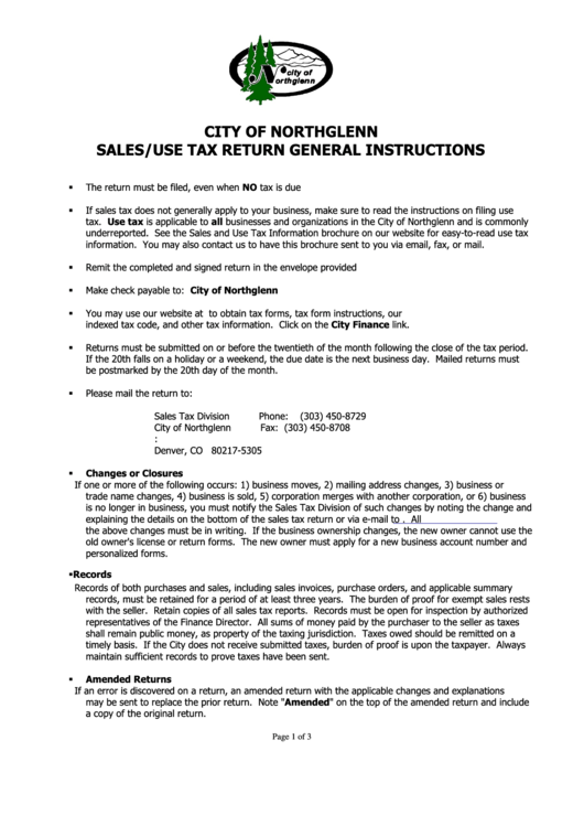 City Of Northglenn Sales/use Tax Return General Instructions Printable pdf