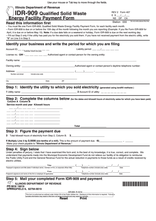 Fillable Form Idr-909 - Qualified Solid Waste Energy Facility Payment Form - Illinois Department Of Revenue Printable pdf