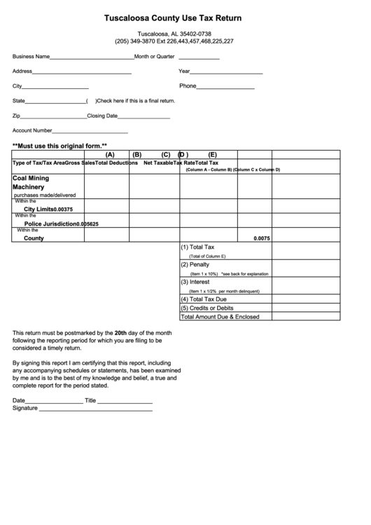 Fillable Tuscaloosa County Use Tax Return Printable pdf