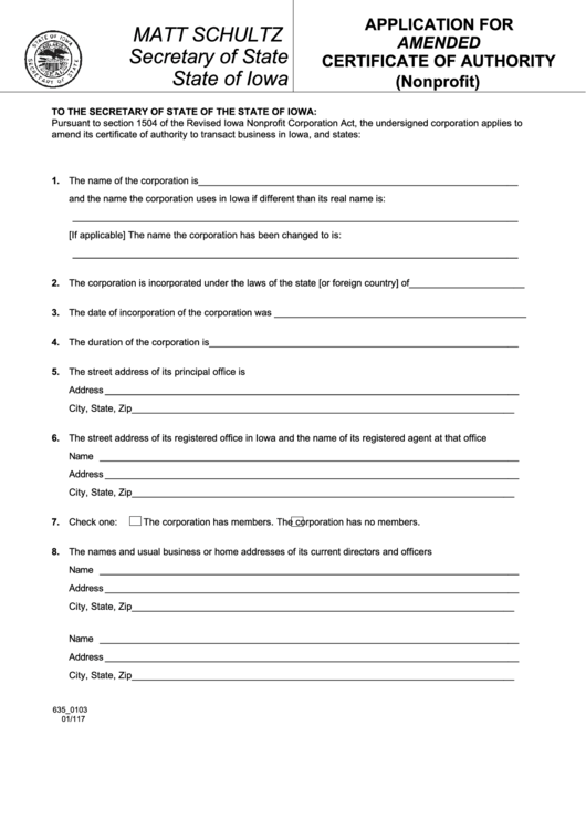 Fillable Form 635_0103 - Application For Amended Certificate Of Authority - Nonprofit Printable pdf