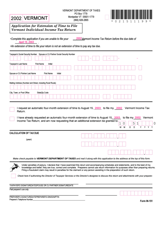 Form In-151 - Application For Extension Of Time To File Vermont Individual Income Tax Return - 2002 Printable pdf