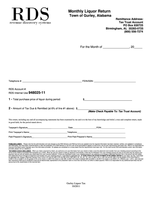 Monthly Liquor Return Form - Town Of Gurley, Alabama - 2011 Printable pdf