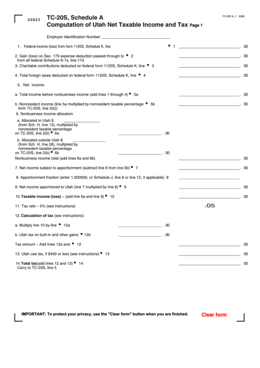 Fillable Form Tc-20s, Schedule A - Computation Of Utah Net Taxable Income And Tax Printable pdf