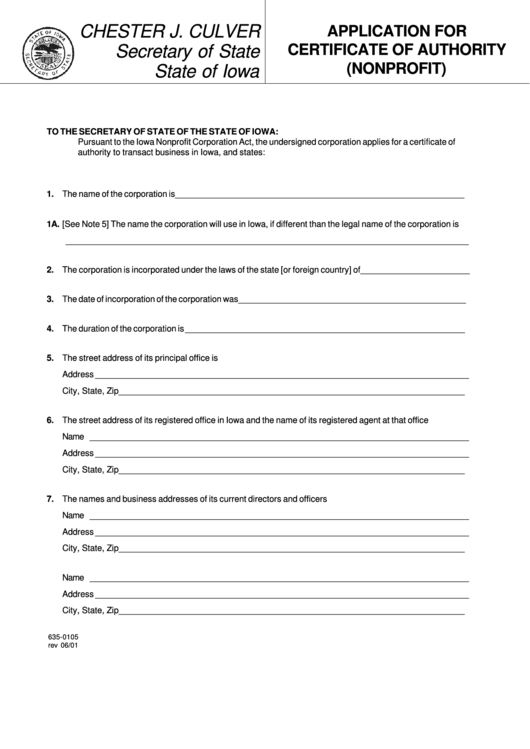 Form 635-0105 - Application For Certificate Of Authority - Nonprofit Printable pdf
