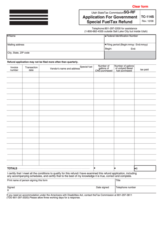 Fillable Form Tc-114s - Application For Government Special Fuel Tax Refund - Utah State Tax Commission Printable pdf