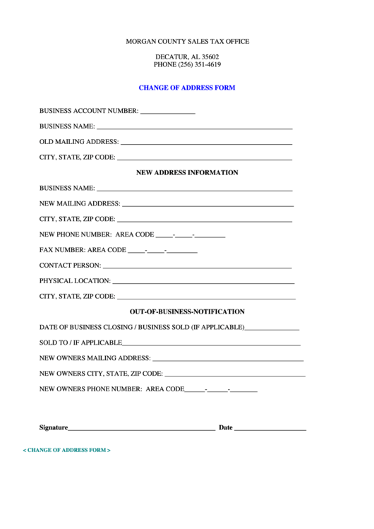 Change Of Address Form - Morgan County Sales Tax Office Printable pdf
