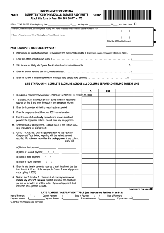 Form 760c - Underpayment Of Virginia Estimated Tax By Individuals, Estates And Trusts - 2002 Printable pdf
