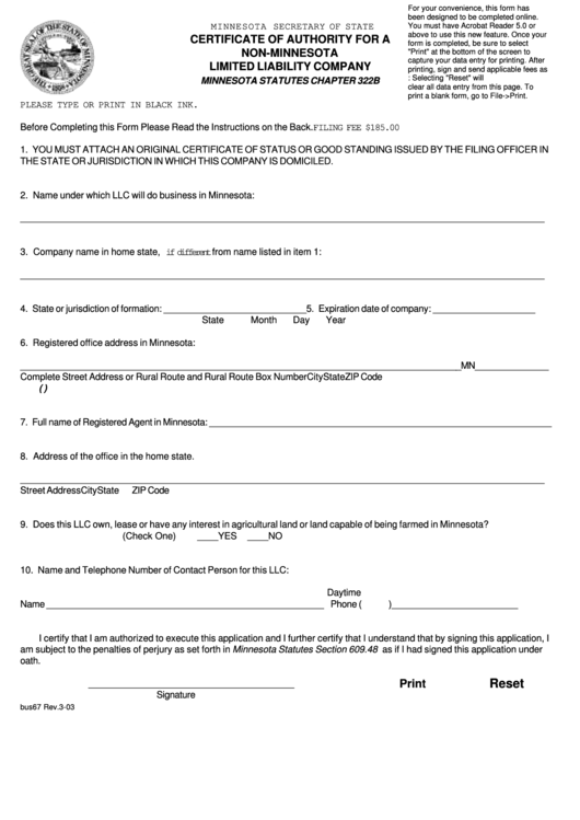 Fillable Certificate Of Authority For A Non-Minnesota Limited Liability Company - Minnesota Secretary Of State Printable pdf