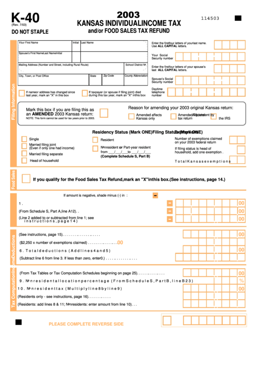 Form K-40 - Kansas Individual Income Tax And/or Food Sales Tax Refund - 2003 Printable pdf