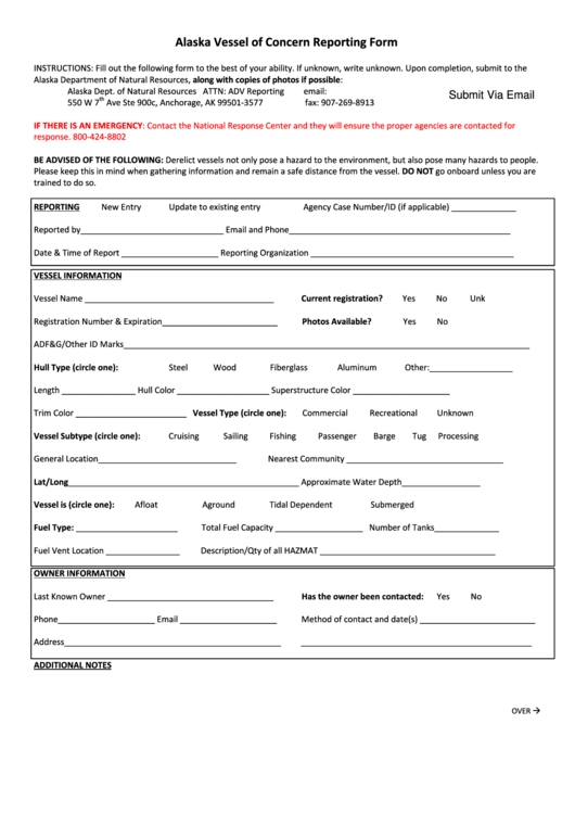 Fillable Vessel Of Concern Reporting Form - Alaska Department Of Natural Resources Printable pdf