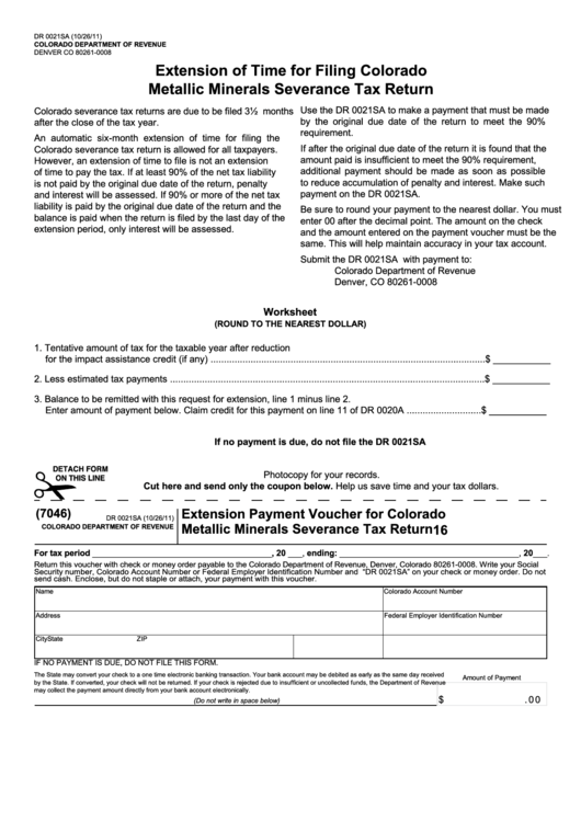Form Dr 0021sa - Extension Payment Voucher For Colorado Metallic Minerals Severance Tax Return Printable pdf