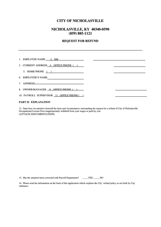 Request For Refund - City Of Nicholasville, Kentucky Printable pdf