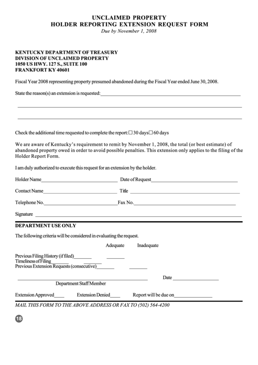 Unclaimed Property Holder Reporting Extension Request Form - Kentucky Department Of Treasury - 2008 Printable pdf