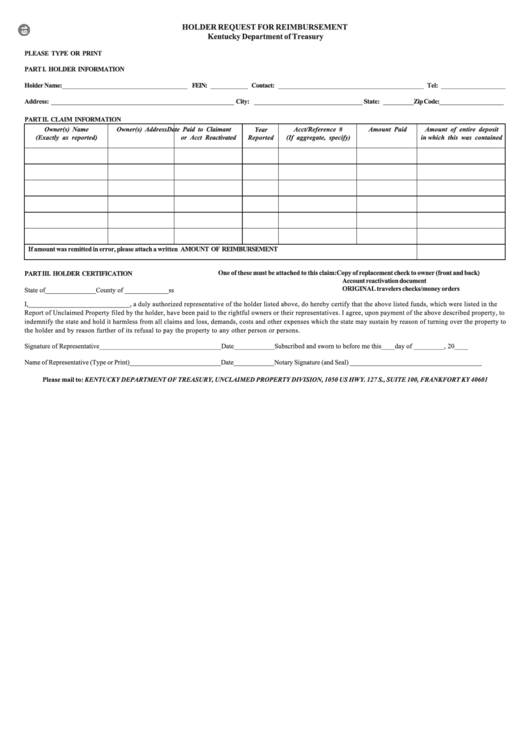 Holder Request For Reimbursement Form - Kentucky Department Of Treasury Printable pdf