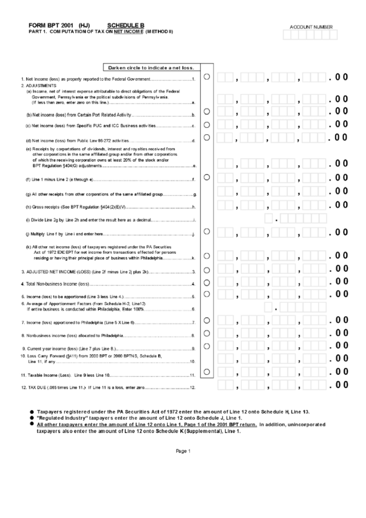 Form Bpt - Business Privilege Tax - Pennsylvania Department Of Revenue - 2001 Printable pdf