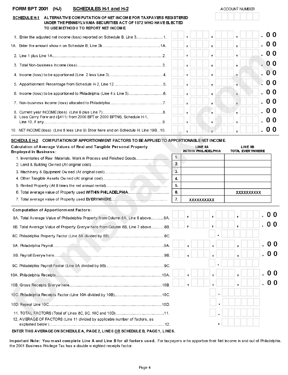 Form Bpt - Business Privilege Tax - Pennsylvania Department Of Revenue - 2001