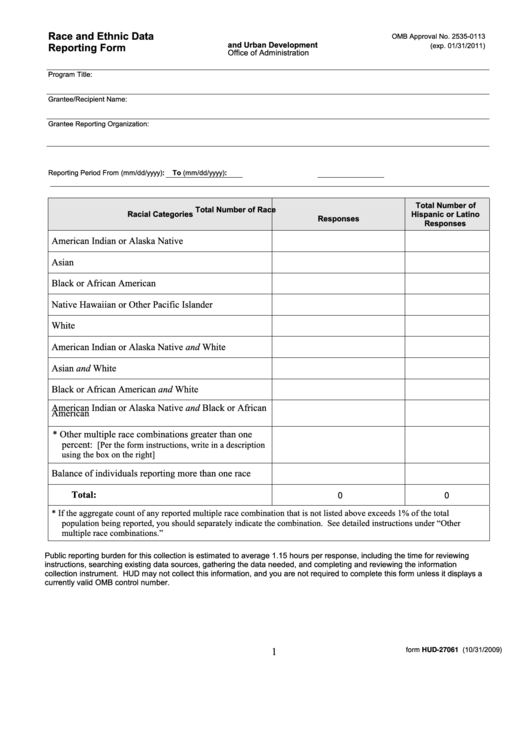 Fillable Form Hud-27061 - Race And Ethnic Data Reporting Form Printable pdf