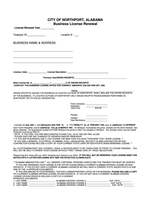 Fillable Business License Renewal - City Of Northport, Alabama Printable pdf