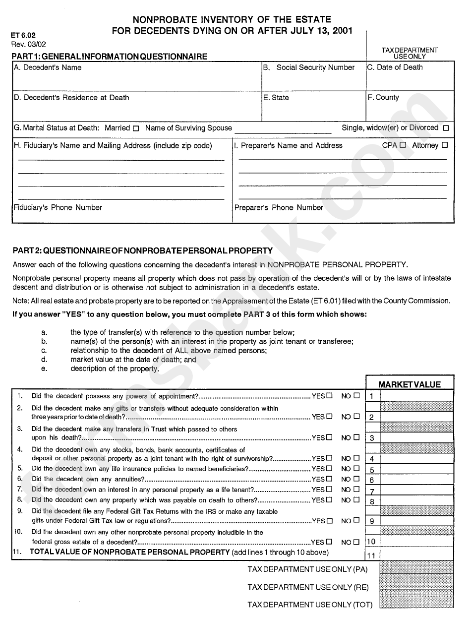 Form Et 6.02 Nonprobate Inventory Of The Estate For Decedents Dying