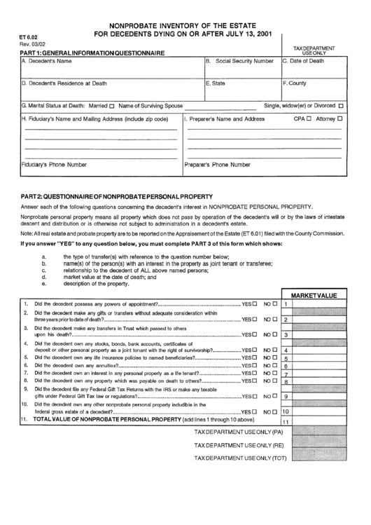 Form Et 6.02 - Nonprobate Inventory Of The Estate For Decedents Dying On Or After July 13, 2001 - West Virginia State Tax Department Printable pdf